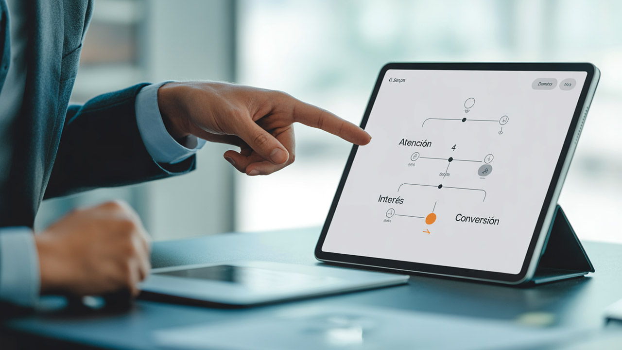 Profesional señalando un mapa del proceso de decisión de compra en una tablet.